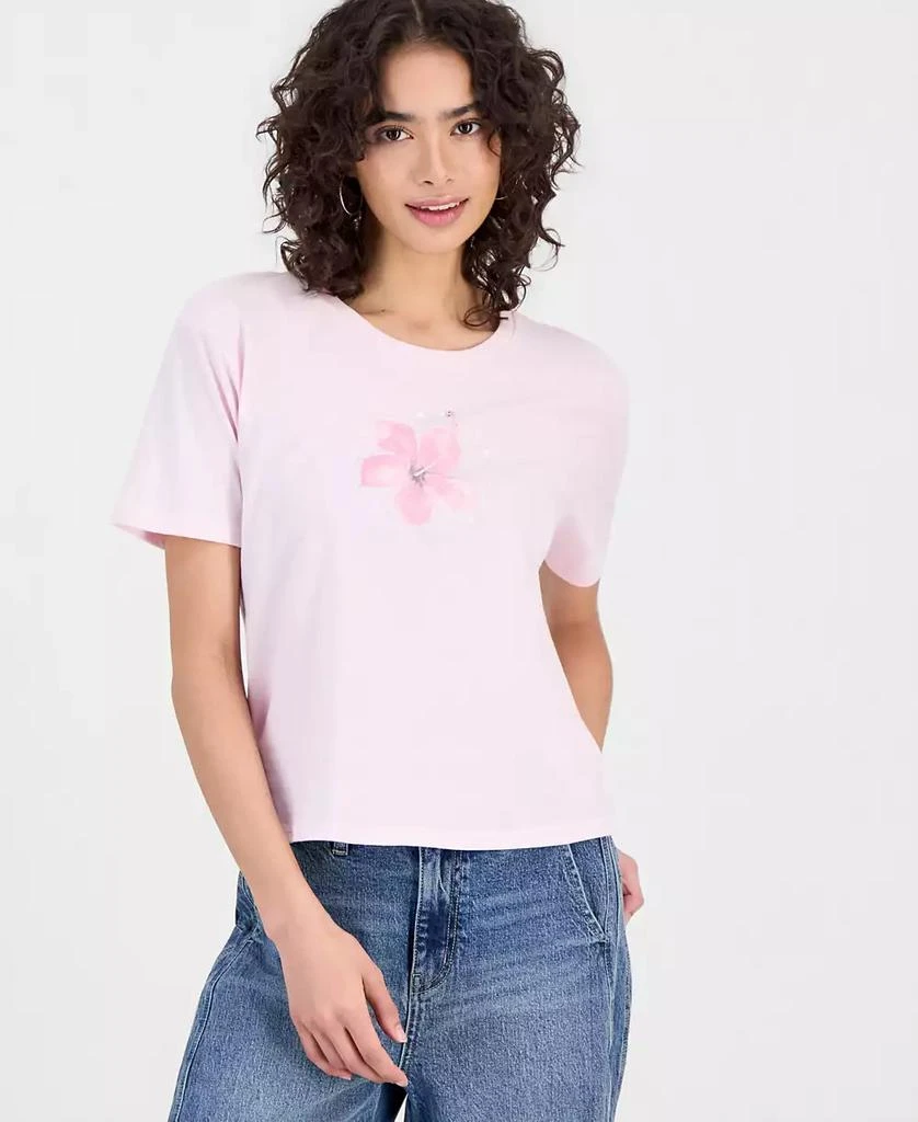 Rebellious One Juniors' Hibiscus Embellished Graphic-Print Tee