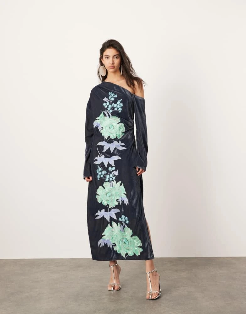 ASOS ASOS EDITION velvet floral embroidered off shoulder long sleeve midi dress in grey 2