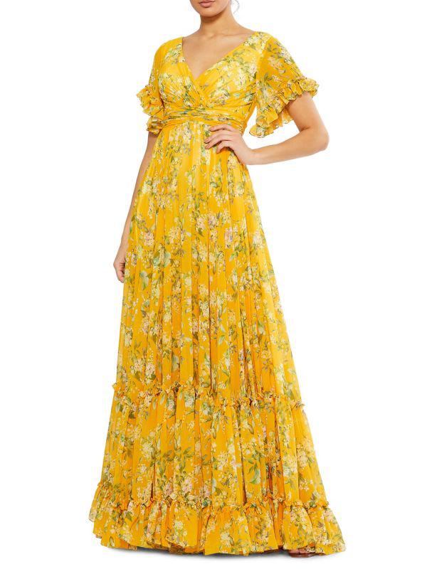 パーティードレス Mac Duggal Floral Chiffon Bishop-Sleeve Gown Mac Duggal Evening - 20214D Illusion Long Sleeve Mother of