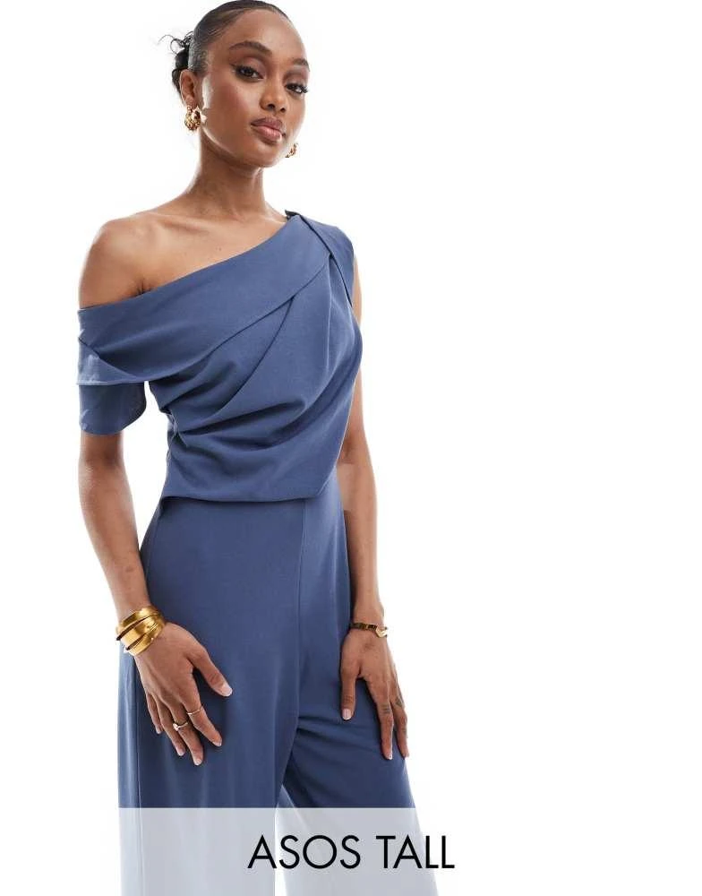 ASOS ASOS DESIGN Tall fallen shoulder tuck detail wide leg jumpsuit in blue 1