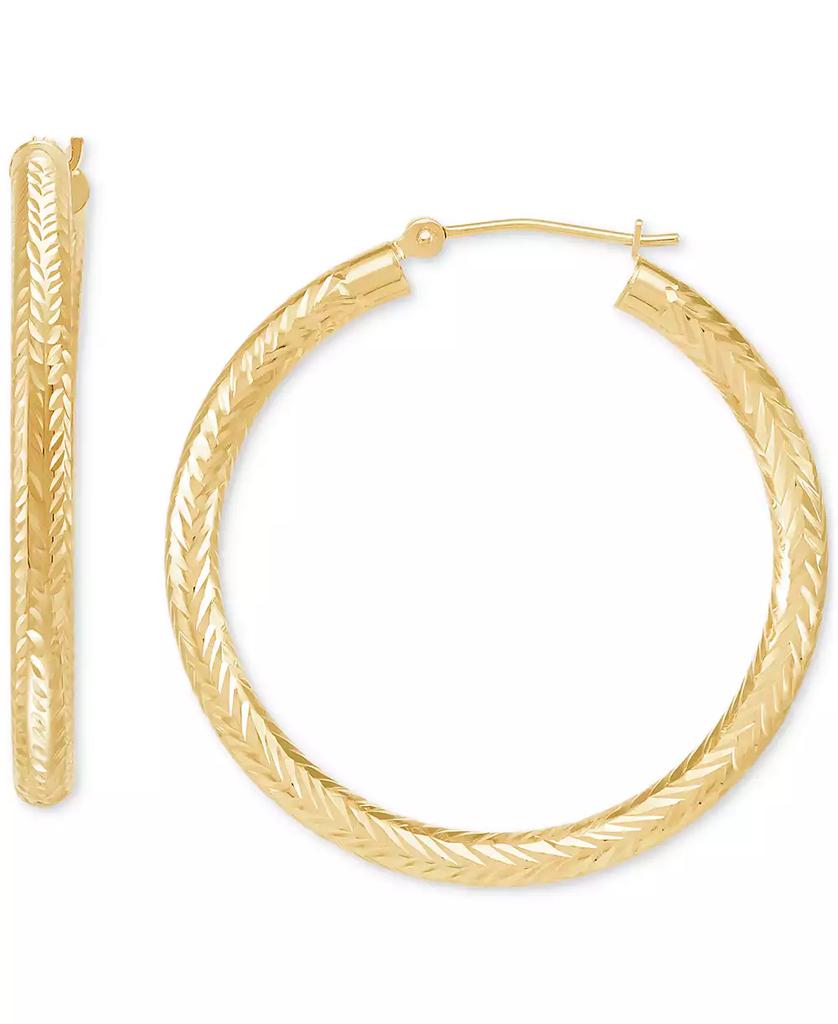 Macy's Polished Chevron Textured Tube Medium Hoop Earrings in 14K Yellow Gold, 1-3/8"