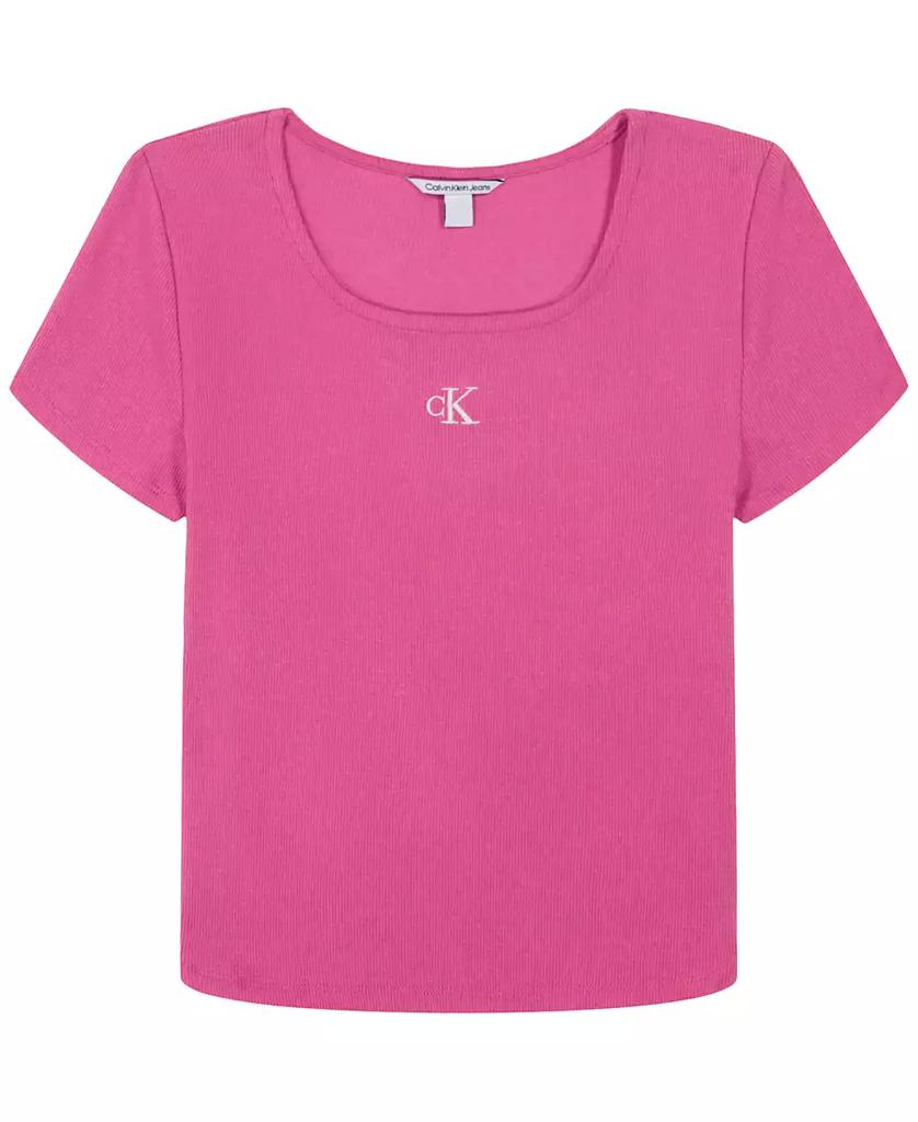 Calvin Klein Big Girls Square-Neck Embroidered-Logo Ribbed Baby T-Shirt