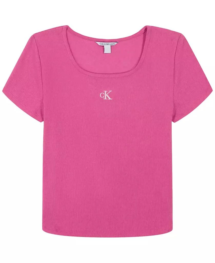 Calvin Klein Big Girls Square-Neck Embroidered-Logo Ribbed Baby T-Shirt 1