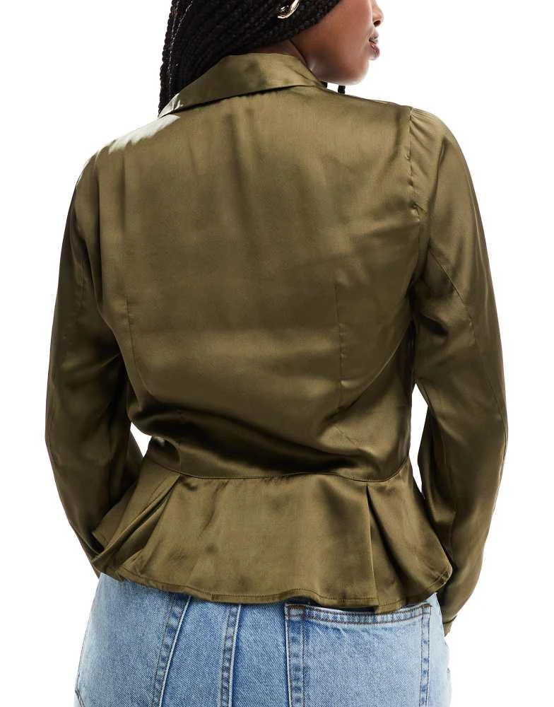 ASOS ASOS Design tie front satin shirt in khaki 4