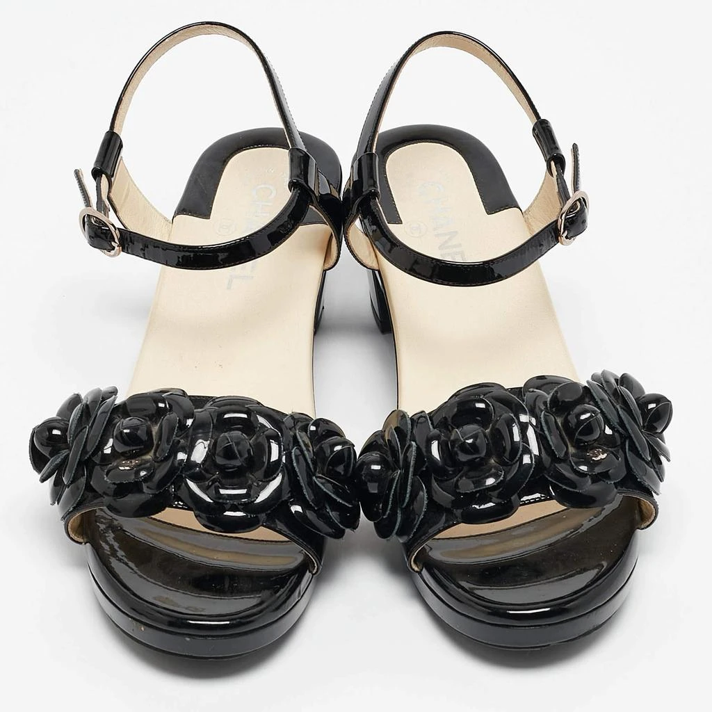 Chanel Chanel Black Patent Leather Camellia Accent Ankle Strap Sandals Size 41 3