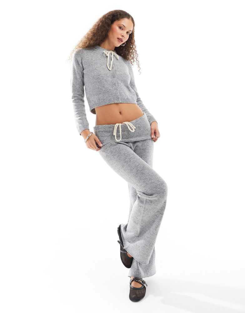 Daisy Street Daisy Street ribbon bow fold over flare fit knit trousers in grey co-ord