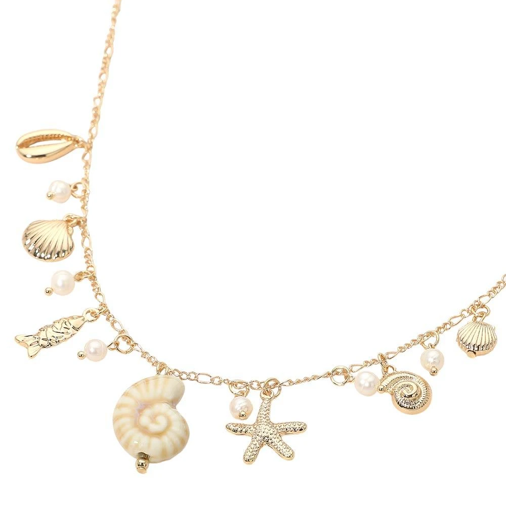 FASHNZFAB Shell Starfish Fish Pearl Charm Station Necklace 2