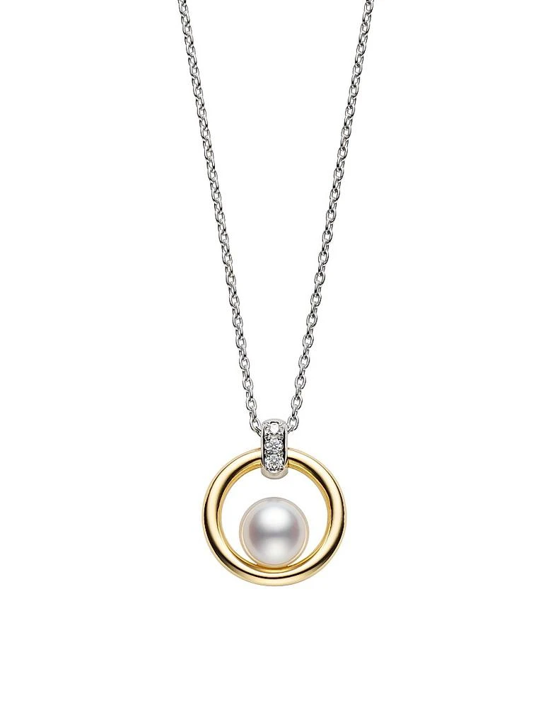 Mikimoto Circle Two-Tone 18K Gold, Diamond & Floating 6MM Cultured Akoya Pearl Pendant Necklace 1
