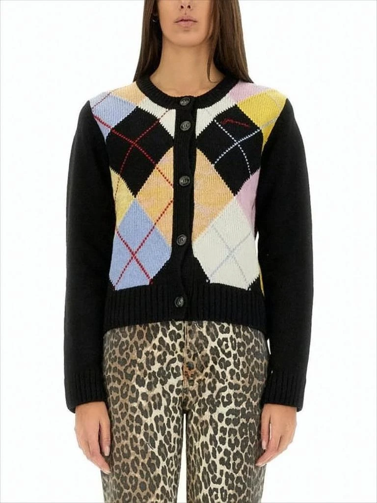Ganni Button-Up Cardigan With Pastel Argyle Pattern And Ribbed Cuffs