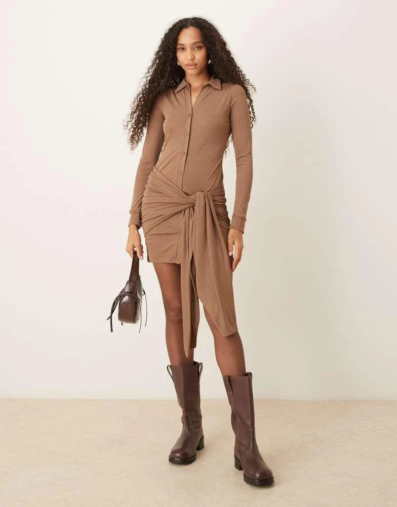 ASOS ASOS DESIGN textured mesh mini shirt dress with wrap tie waist in mocha