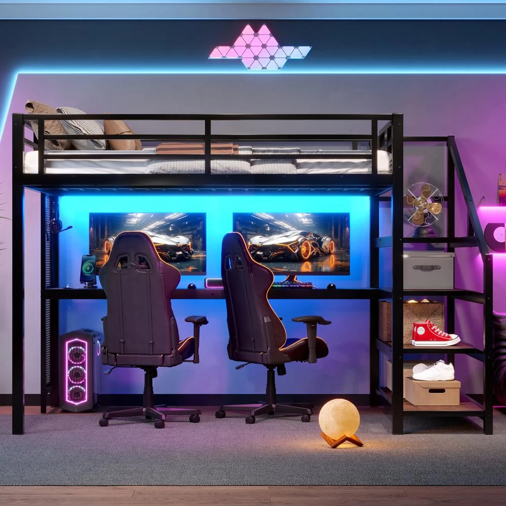 Streamdale Furniture Streamdale Full Loft Bed with Desk, Storage Stairs, LED Lights 
USB Ports, Black 5