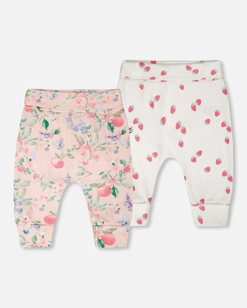 Deux par Deux 2 Pack Cotton Jersey Evolutive Pants Pink Printed Berries and White Strawberry Print