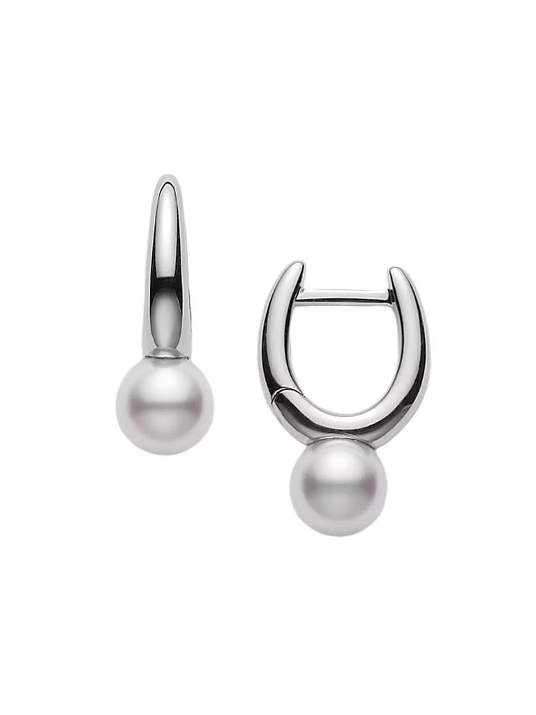 Mikimoto 18K White Gold & 6.5MM White Cultured Akoya Pearl Huggie Hoop Earrings 1