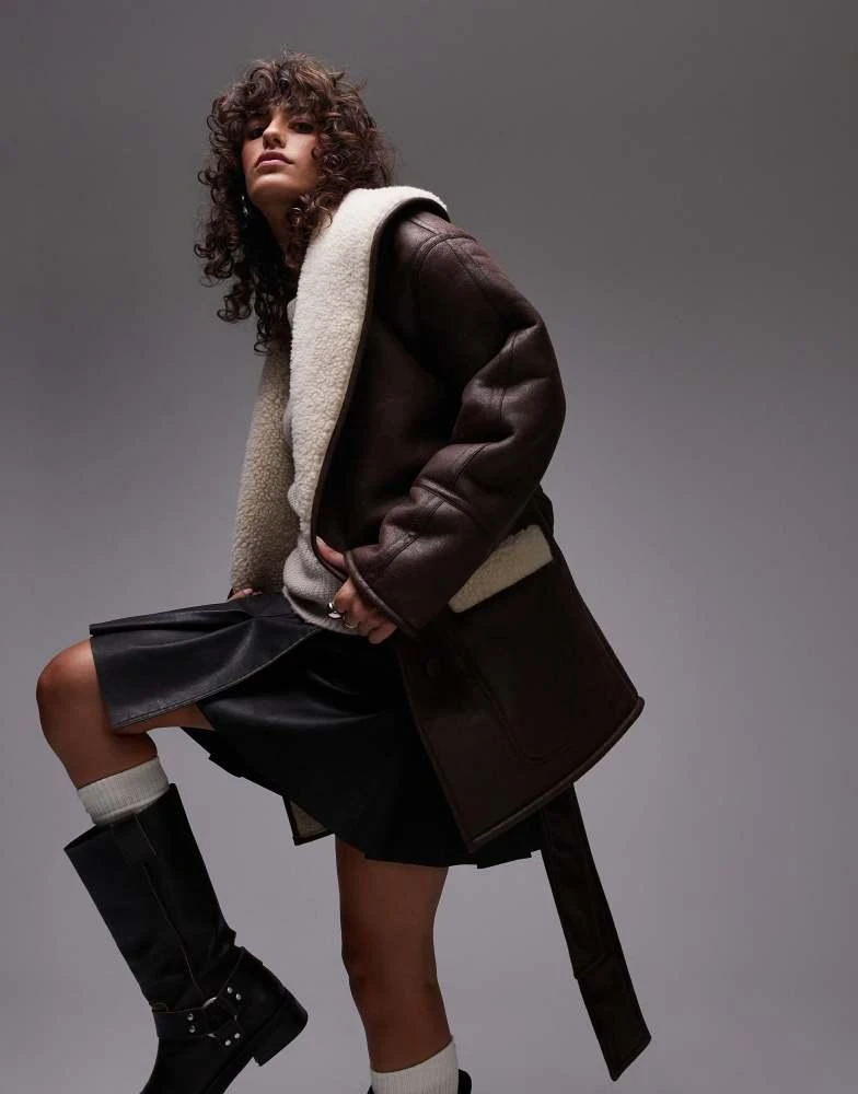Topshop Topshop belted faux suede jacket in brown and cream 1