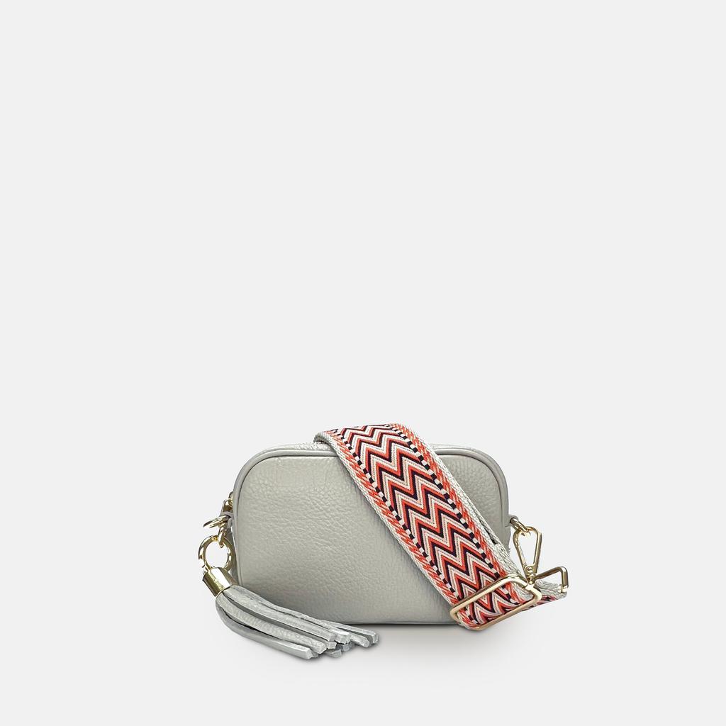 Apatchy London The Mini Tassel Light Grey Leather Phone Bag With Grey Boho Strap