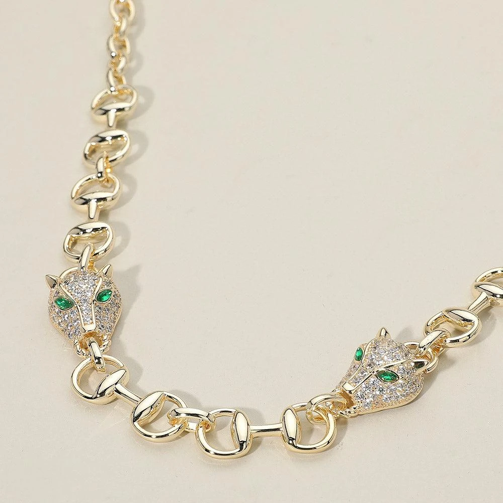 FASHNZFAB 14K Gold Plated CZ Stone Paved Leopard Panther Head Accent Necklace