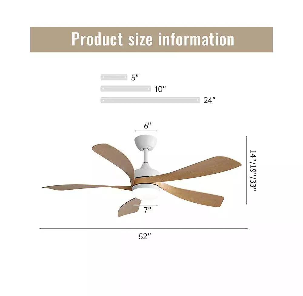 Sofucor 52-inch Modern Smart Standard White 5-Blade Ceiling Fan with Remote Control and LED Light 5