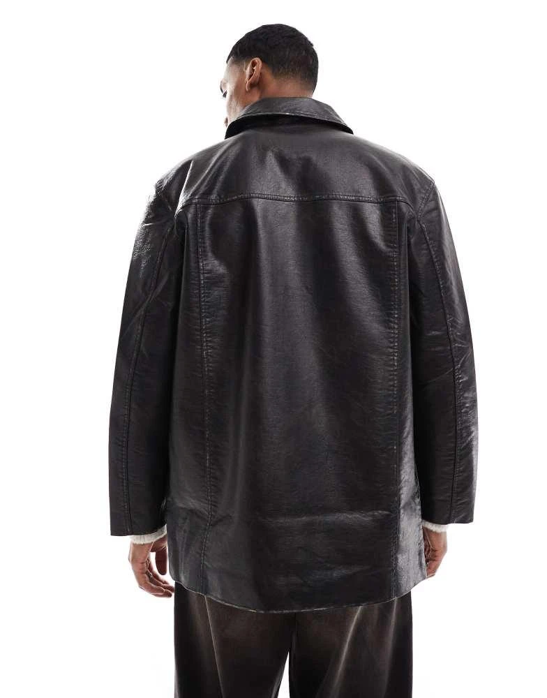 Bershka Bershka faux leather long cut jacket in black 4