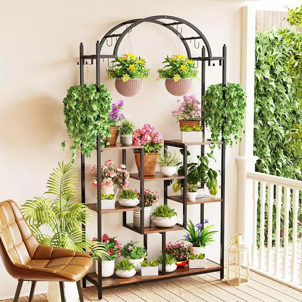 UNHO 5-Tier Tall Plant Stand Arched Metal Flower Display Holder Hanging Hooks 2