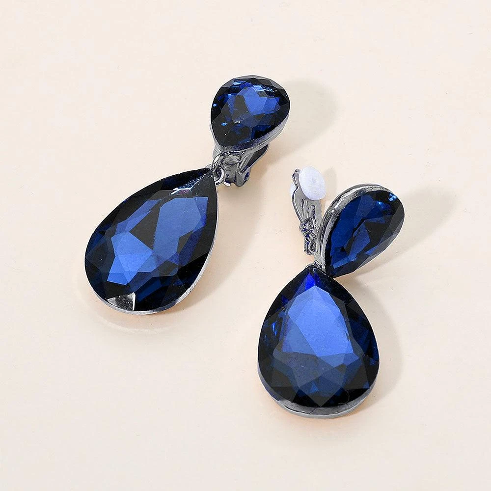 FASHNZFAB Glass Crystal Double Teardrop Clip On Evening Earrings