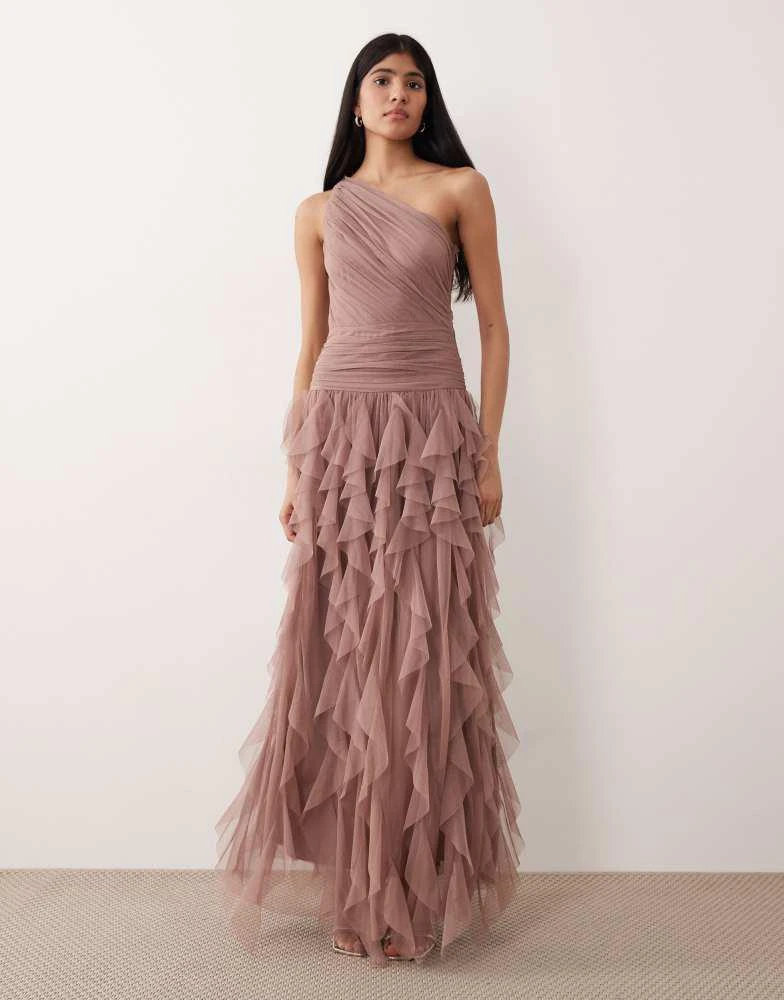 lace and beads one shoulder tulle dress One Shoulder Tulle Maxi Dress in Red Floral with Scarf UK10 / Red Floral