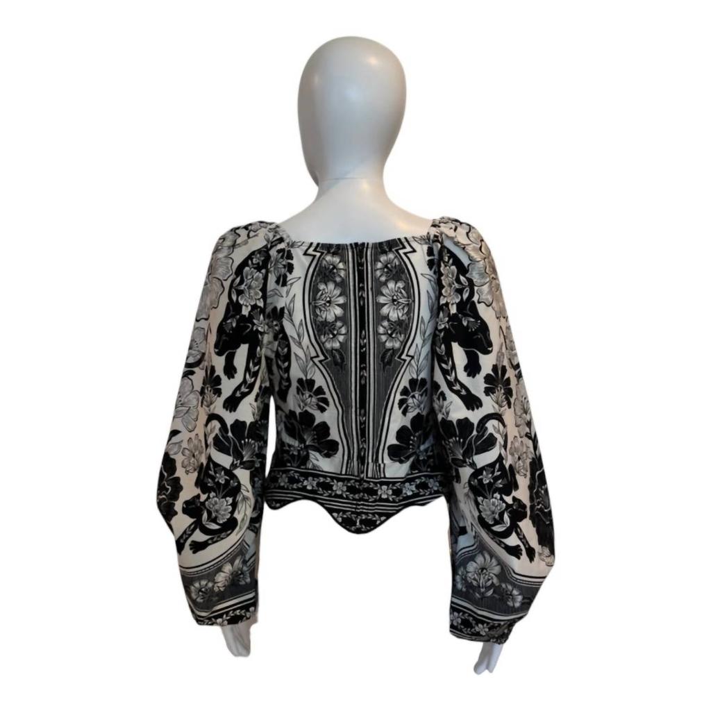 Farm Rio Flower Leopards Long Sleeve Blouse In Black & White