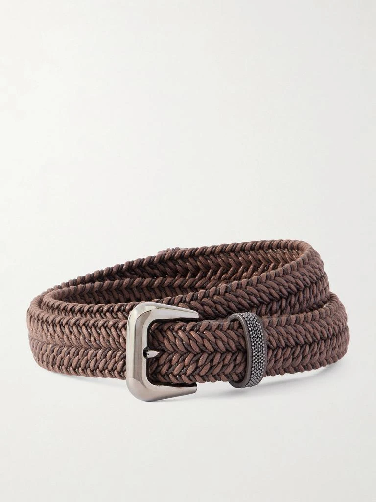 Brunello Cucinelli Bead-embellished Leather-trimmed Woven Belt - Dark brown