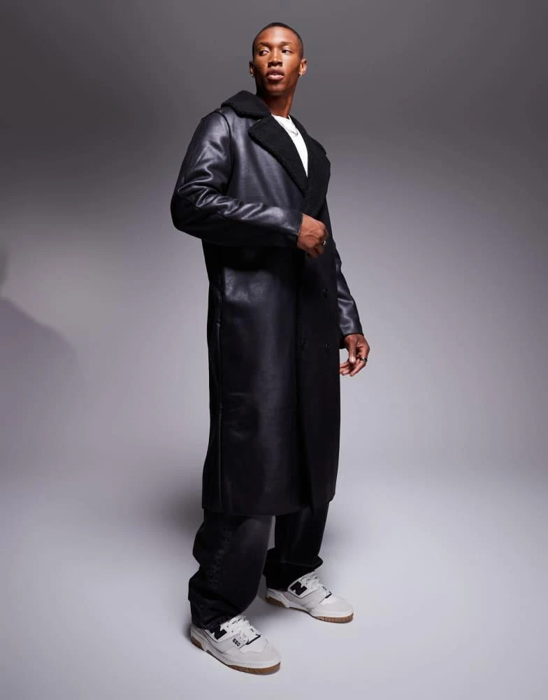 ASOS ASOS DESIGN faux leather trench coat with borg lining in black 2