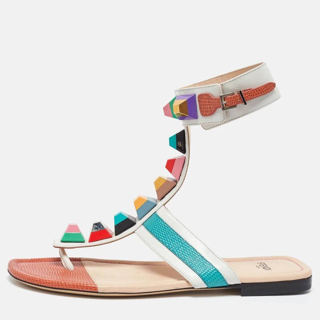 Fendi Fendi Multicolor Leather Studded Thong Flat Sandals Size 37 1