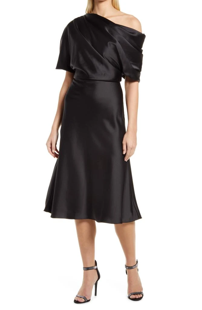 Amsale Drape One-Shoulder Midi Cocktail Dress Dresses Skirts
