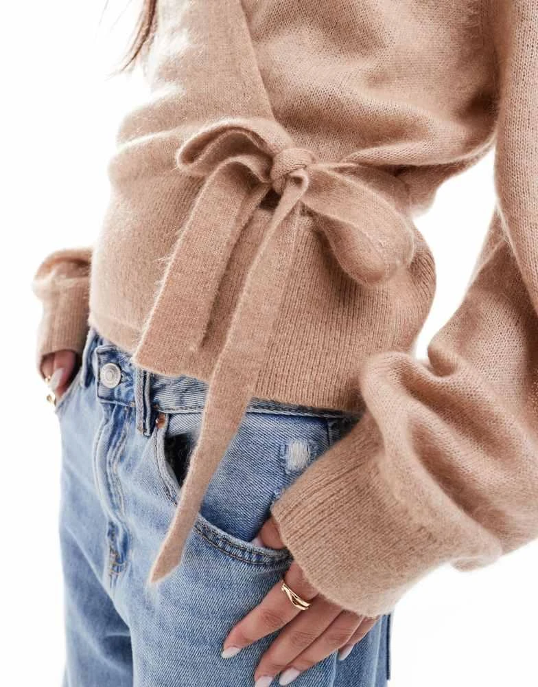 & Other Stories & Other Stories mohair blend hairy yarn wrap cardigan with puff sleeves in beige 2