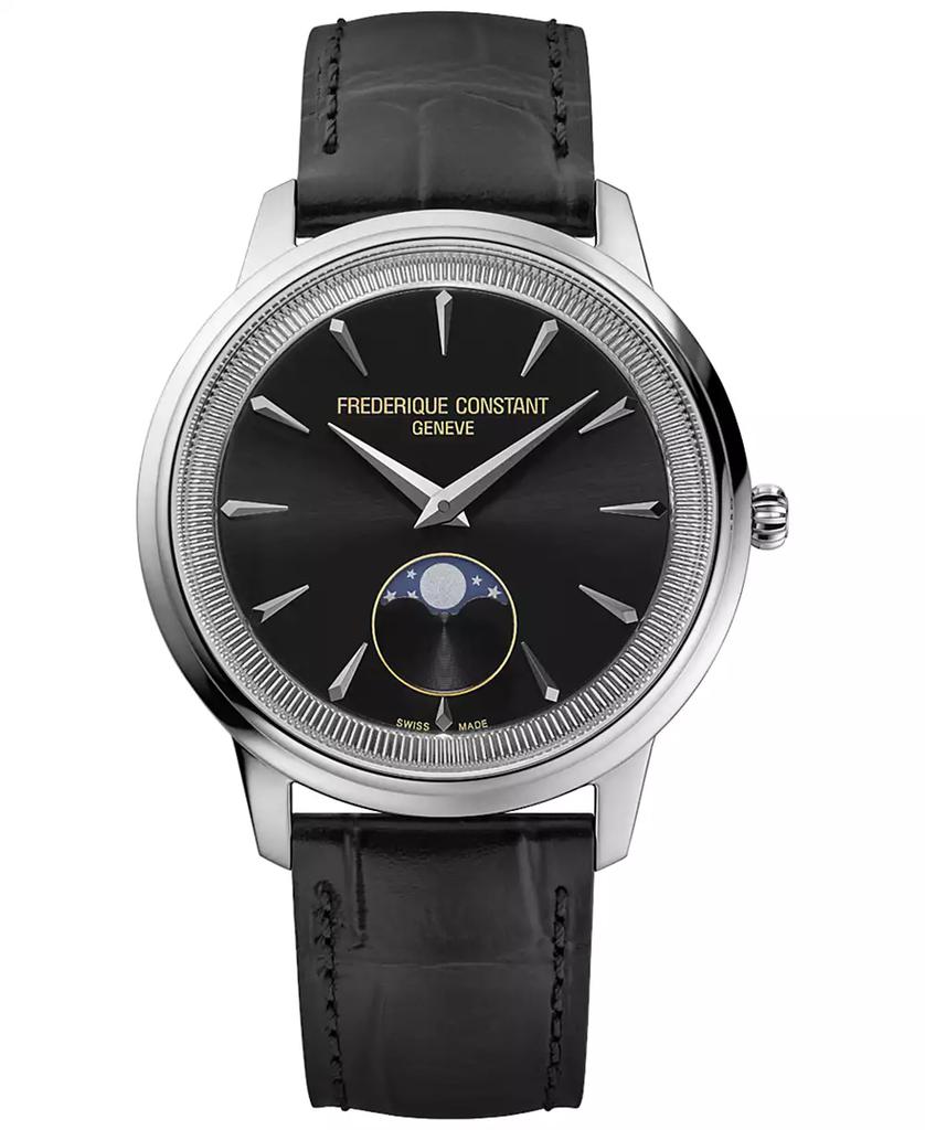 Frederique Constant Men's Swiss Moneta Moonphase Black Leather Strap Watch 37mm