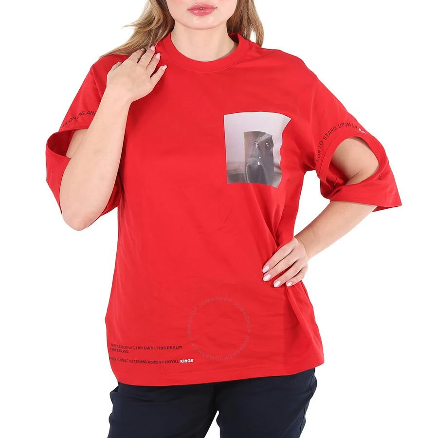 Burberry Carrick Ladies Bright Red Cut-out Detail Montage Print Oversized T-shirt 1