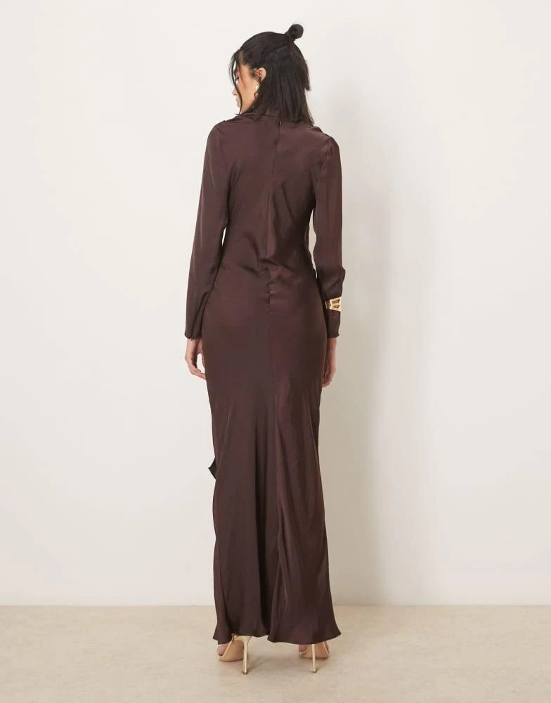 ASOS ASOS DESIGN long sleeve satin tie front maxi dress in chocolate 2