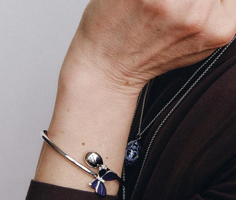 Fabergé Fabergé 18K White Gold Blue Enamel Butterfly and Egg Cross Over Medium Size Bangle Bracelet  1824BT3128 2