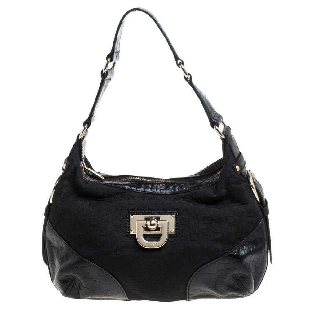 DKNY Dkny Black Signature Canvas and Croc Embossed Leather Buckle Hobo 1