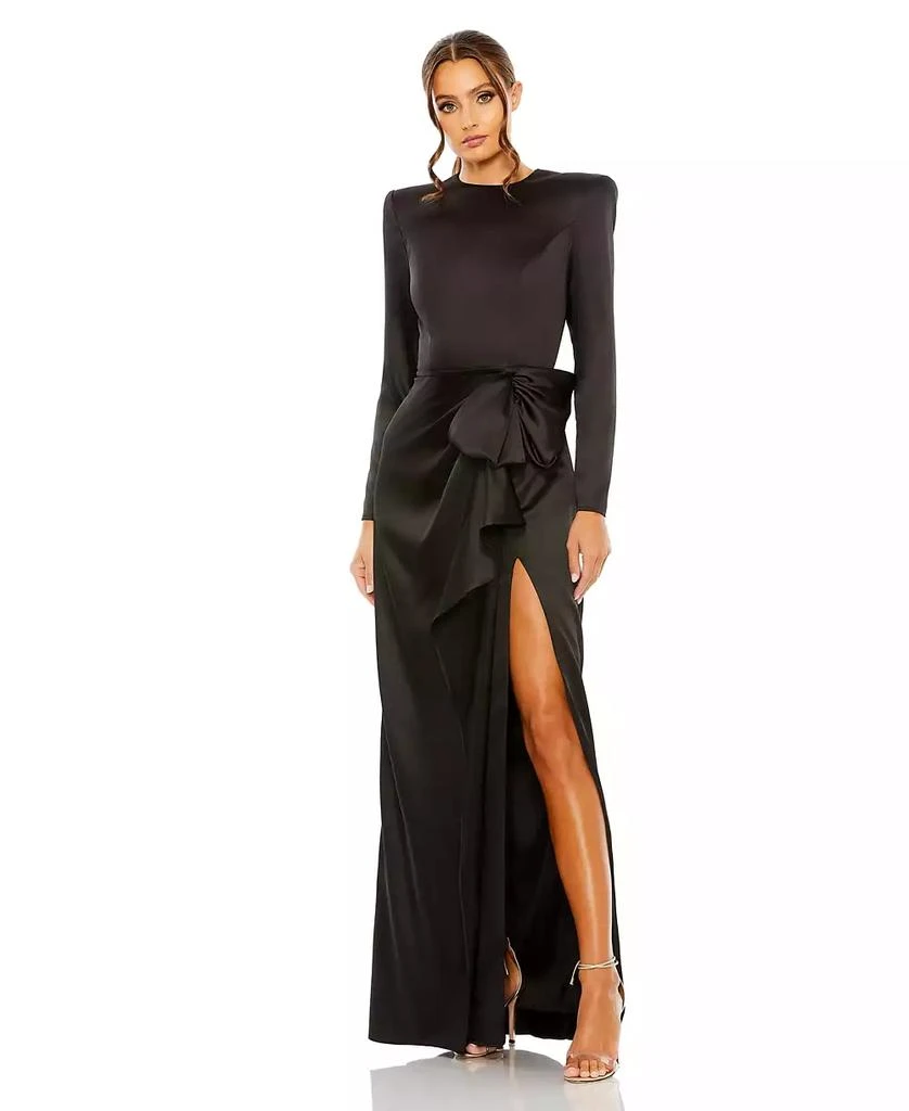 Mac Duggal Petite Long Sleeve Satin Structured Bow Draped Column Gown