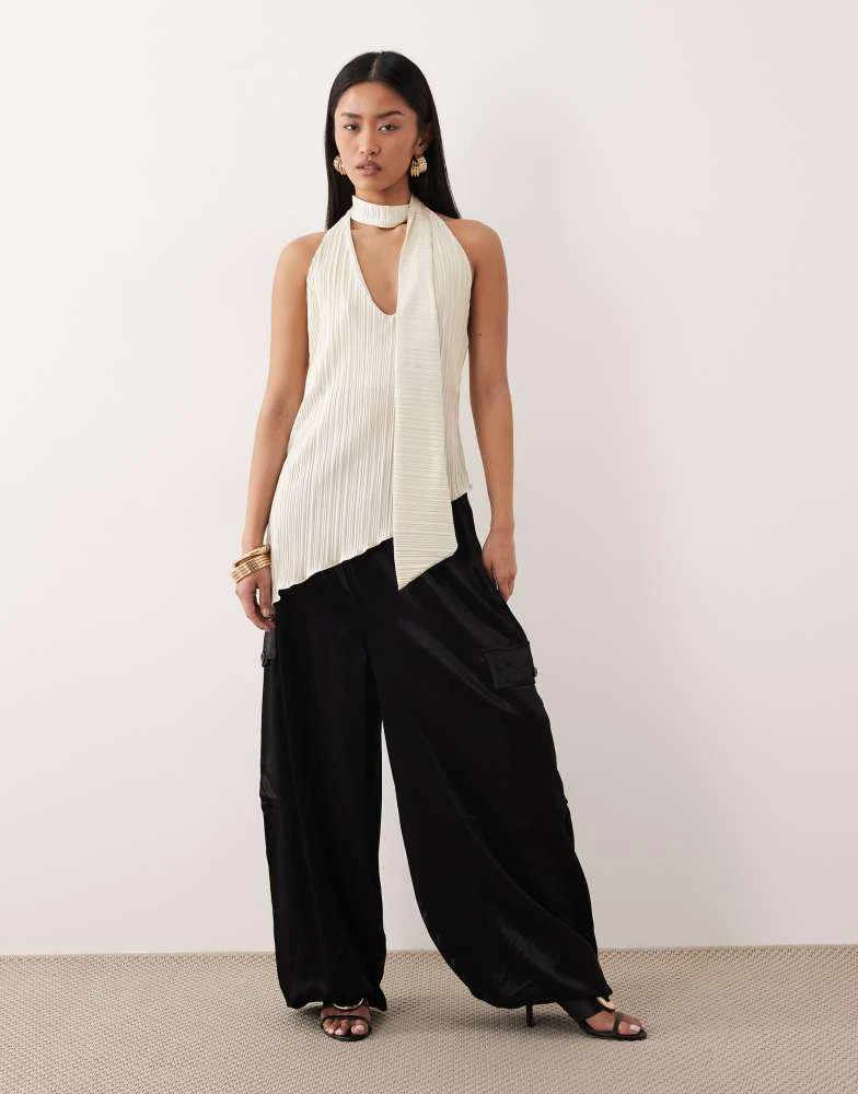 ASOS ASOS DESIGN super scoop scarf plisse asymmetric long line top co-ord in cream 2