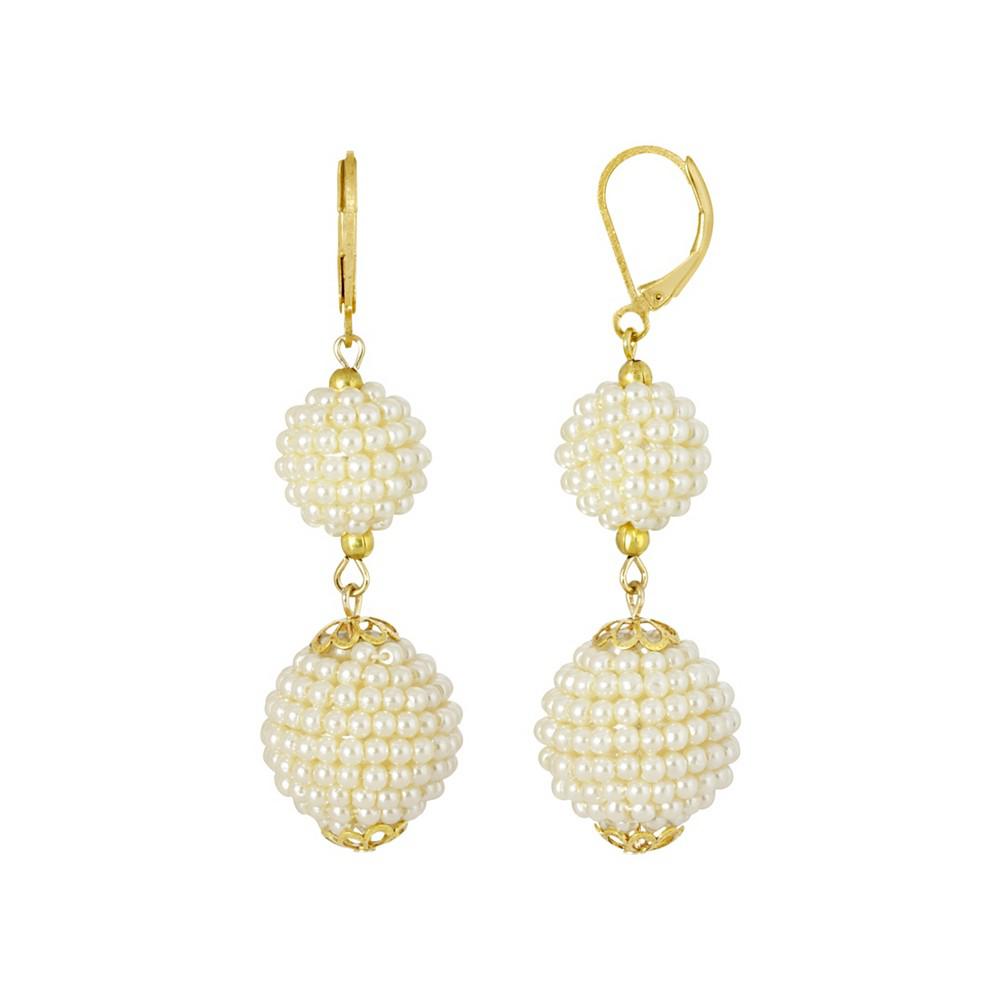 2028 Gold-Tone Double Seeded Imitation Pearl Drop Ball Earrings