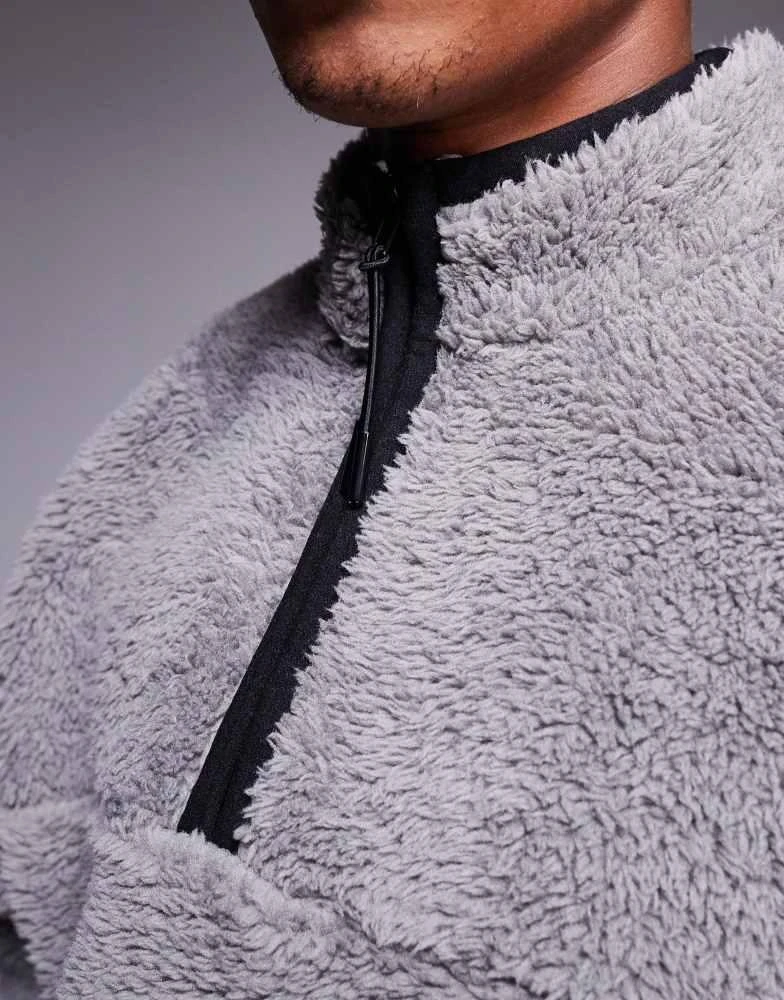 ASOS ASOS DESIGN boxy oversized quarter zip borg sweatshirt in grey 4