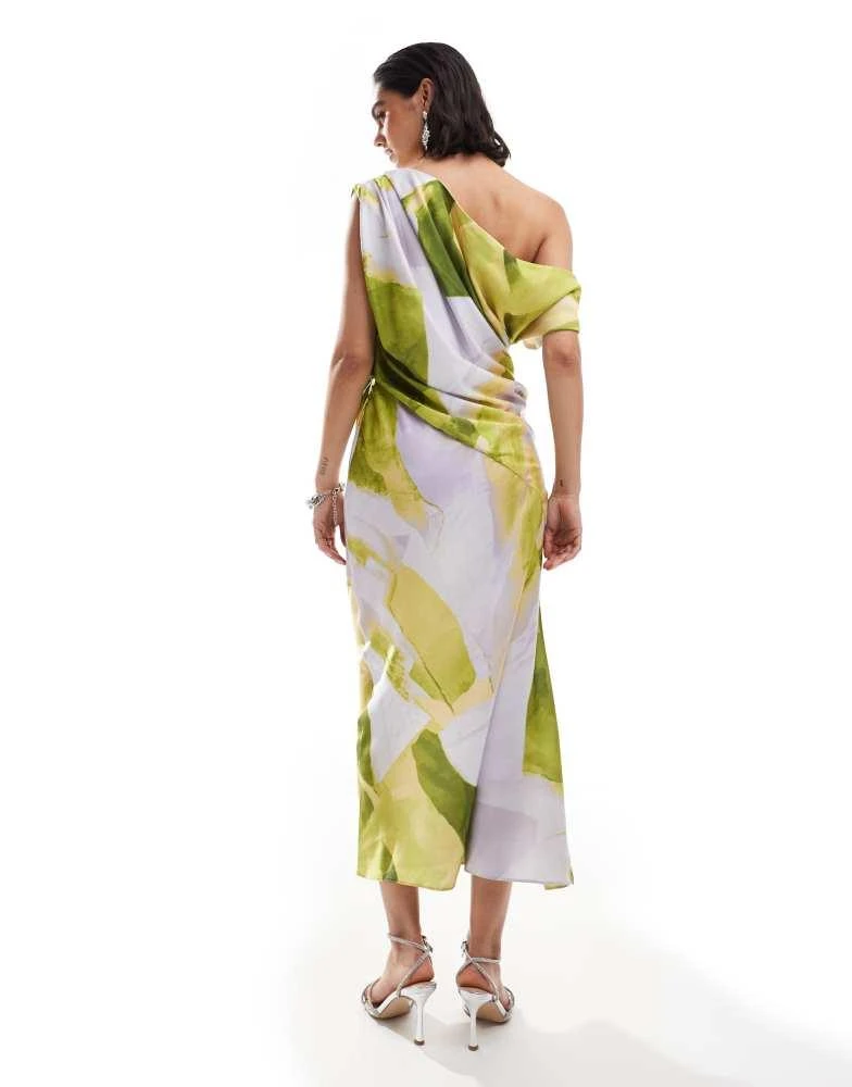 ASOS ASOS DESIGN satin off shoulder draped midi dress with split in lilac camo print 3