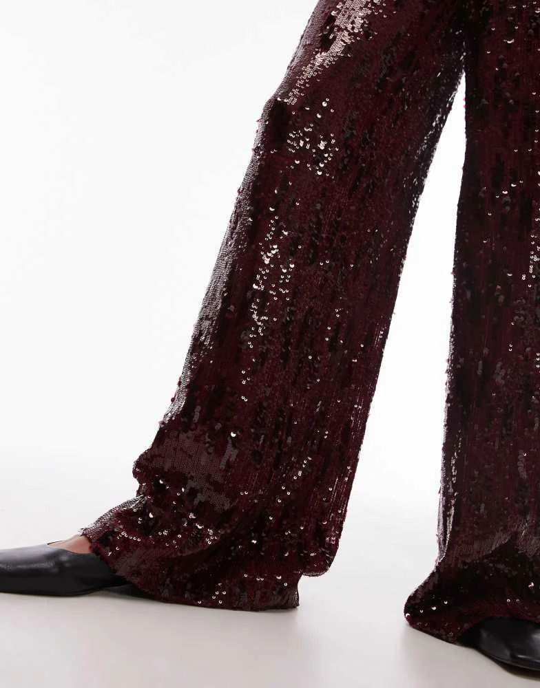 Topshop Topshop sequin wide leg trouser in burgundy 5