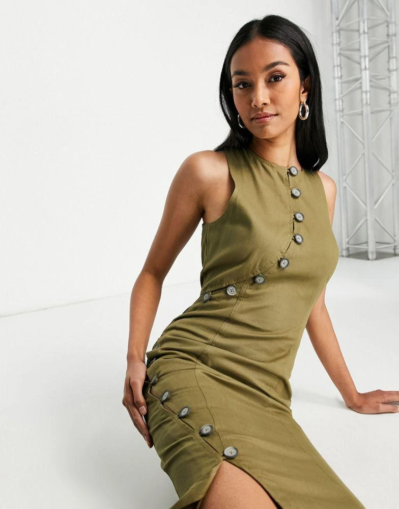 ASOS ASOS DESIGN asymmetric horn button twill maxi dress with split detail in khaki 3