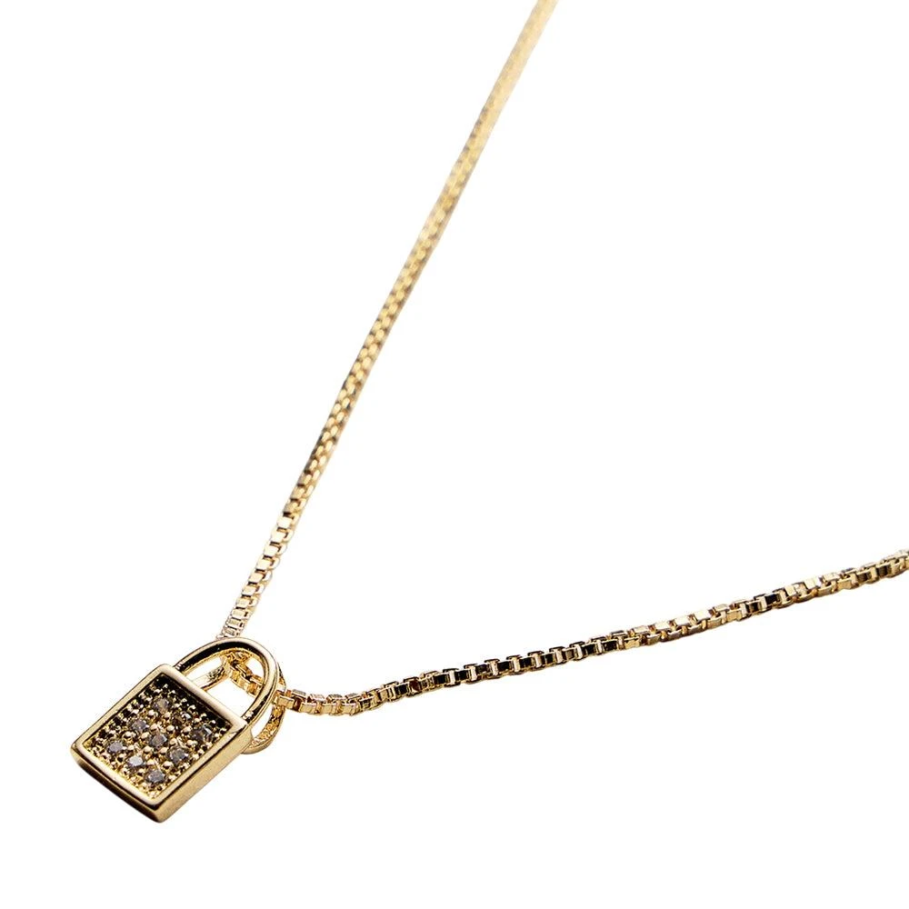 FASHNZFAB 18K Gold Filled CZ Stone Paved Padlock Pendant Necklace 2