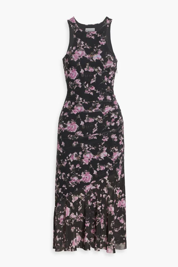 Ganni Ruched floral-print stretch-mesh midi dress
