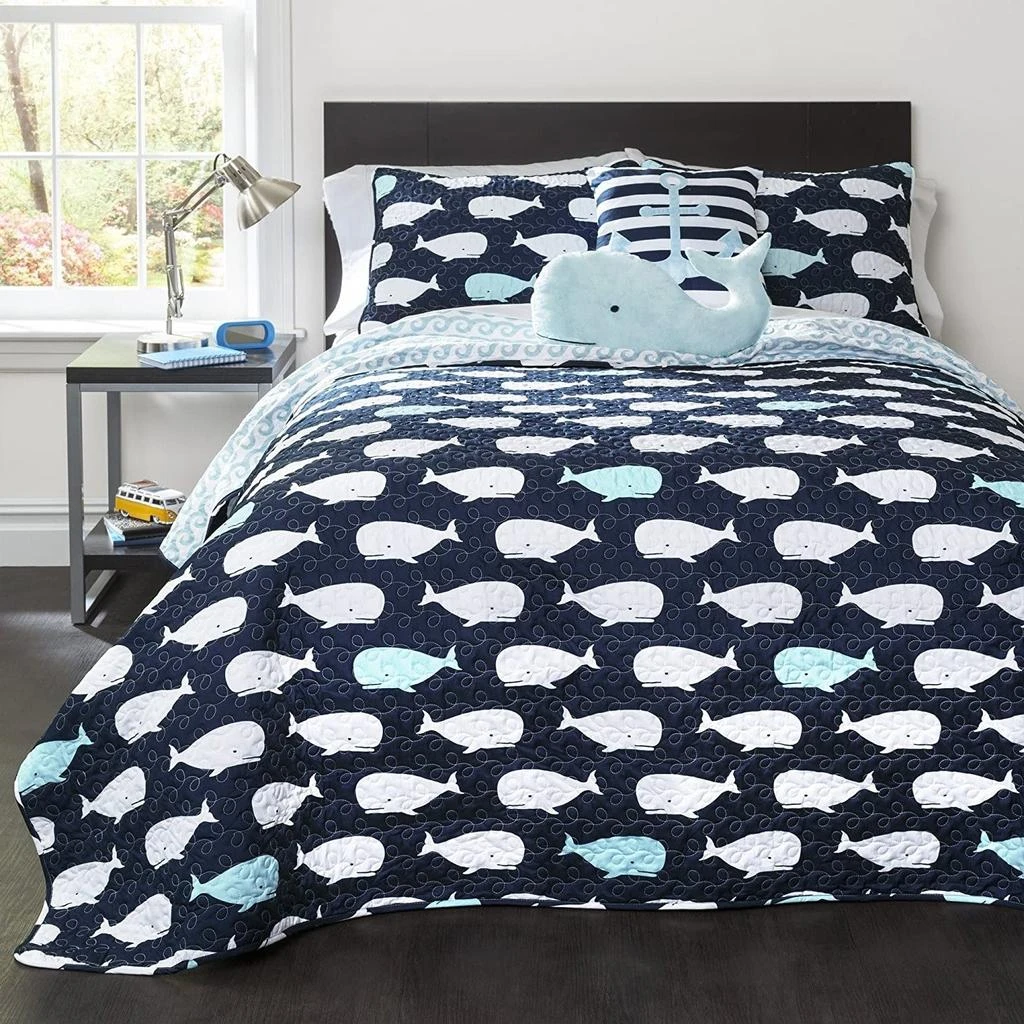 Hivvago Full/Queen 5 Piece Bed In A Bag Navy Teal Microfiber Waves Whales Quilt Set