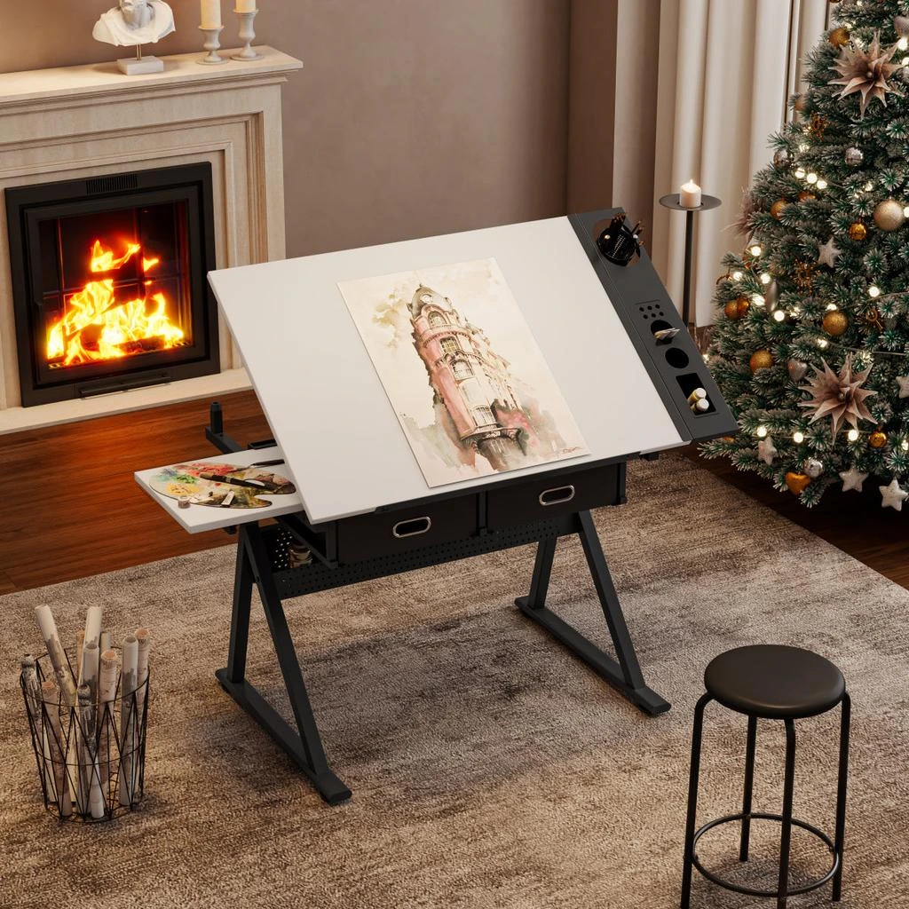 Streamdale Furniture Streamdale Adjustable Drawing Drafting Table Desk with 2 Drawers 
Stool (White)