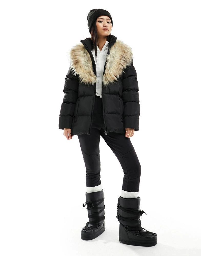 Threadbare Threadbare Ski belted puffer coat with faux fur collar in black 1