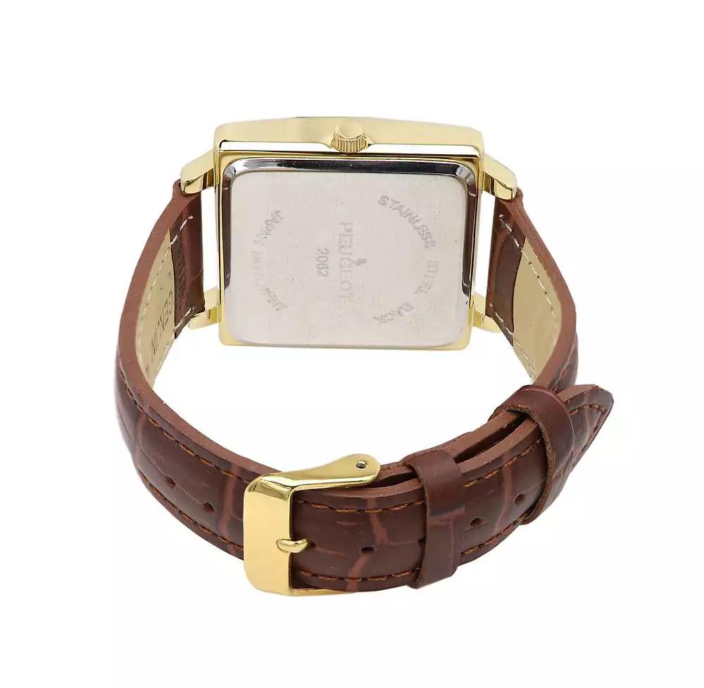 Peugeot Men's 35mm 14K Gold Plated Square Watch with Brown leather Strap