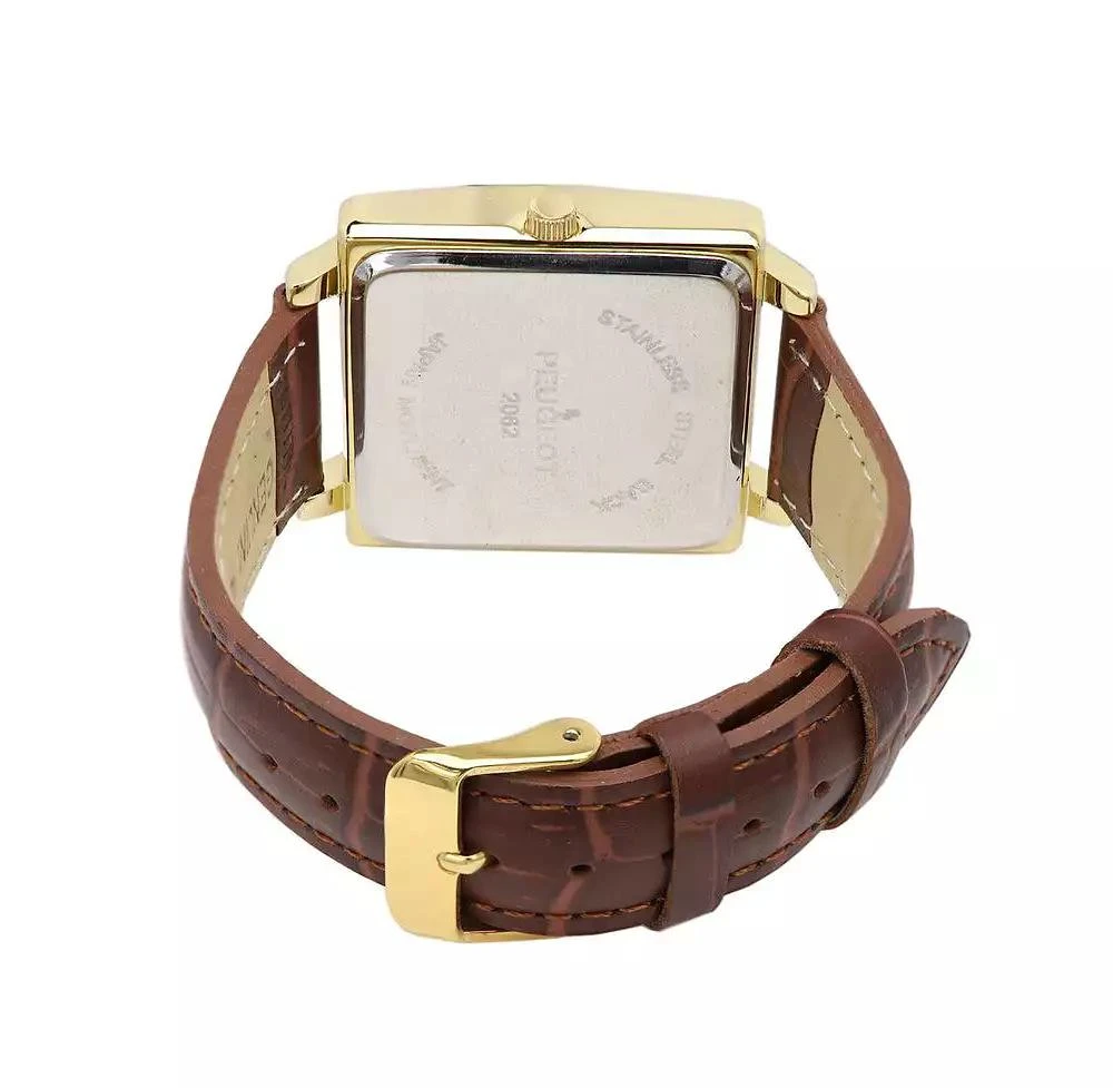 Peugeot Men's 35mm 14K Gold Plated Square Watch with Brown leather Strap 2